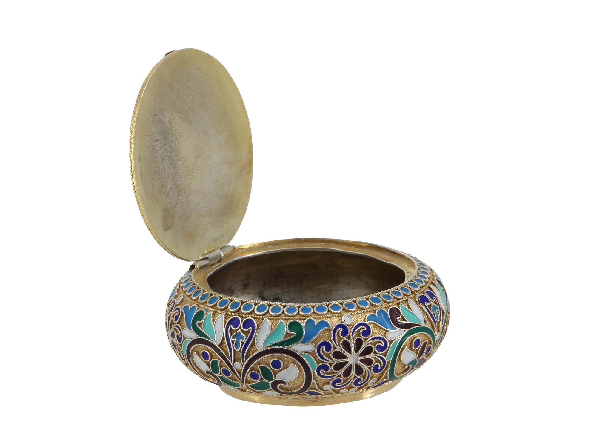 RUSSIAN GILT SILVER AND CLOISONNE ENAMEL PILL BOX PIC-1